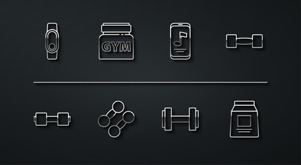 Set line Smartwatch, Dumbbell, Sports nutrition, and Music player icon. Vector