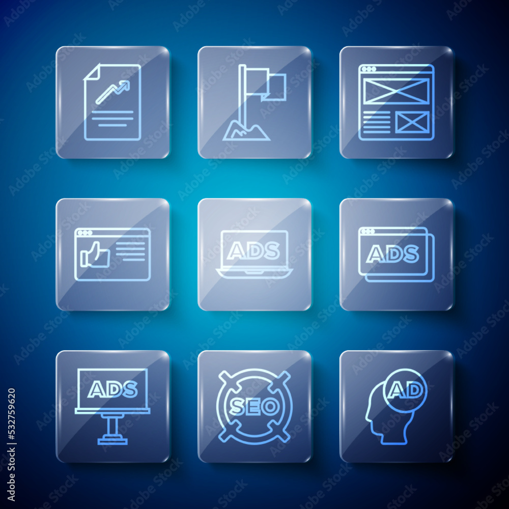 Poster set line advertising, seo optimization, browser window, document with graph chart and icon. vector
