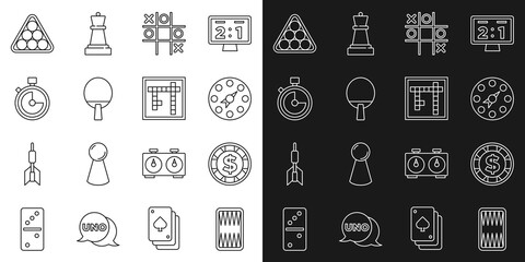 Set line Backgammon board, Casino chip with dollar, Twister game, Tic tac toe, Racket, Stopwatch, Billiard balls triangle and Bingo icon. Vector