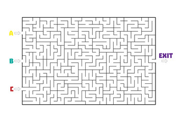 Not so easy Rectangle labyrinth with three entries A B C and One exit (only one solution). Line maze game. Hard -Medium complexity. Kids maze puzzle, vector illustration