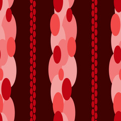 Retro mid century modern feminine geometric abstract style seamless pattern in pink and red color for background, fabric, textile, surface, web, print design. Vertical vintage stripes with ovals.