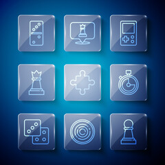 Set line Game dice, Checker game chips, Chess, Tetris, Puzzle pieces toy, Domino and Stopwatch icon. Vector