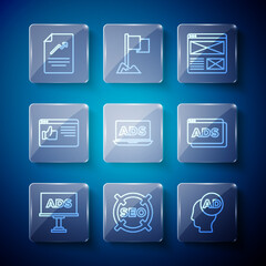 Set line Advertising, SEO optimization, Browser window, Document with graph chart and icon. Vector