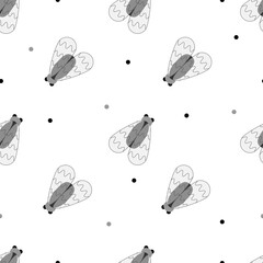 Simple seamless pattern with Flies bugs and black and grey dots. Wrapping, textile, fabric, kids home decor and background.
