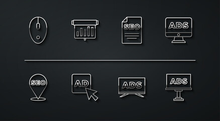 Set line Computer mouse, SEO optimization, Advertising, Board with graph chart, and icon. Vector
