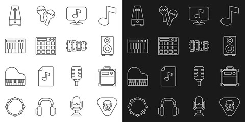 Set line Guitar pick, amplifier, Stereo speaker, Musical note, Drum machine, synthesizer, Metronome with pendulum and Xylophone icon. Vector