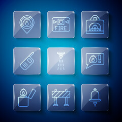 Set line Lighter, Road barrier, Ringing alarm bell, Interior fireplace, Fire sprinkler, Walkie talkie, Location with flame and Telephone call 911 icon. Vector