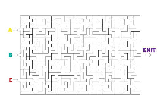 Not so easy Rectangle labyrinth with three entries A B C and One exit (only one solution). Line maze game. Hard -Medium complexity. Kids maze puzzle, vector illustration