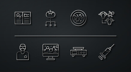 Set line Clinical record, Laboratory assistant, Cloning, Electronic scales, Genetic engineering modification, Genetically modified food, Syringe and Petri dish with bacteria icon. Vector