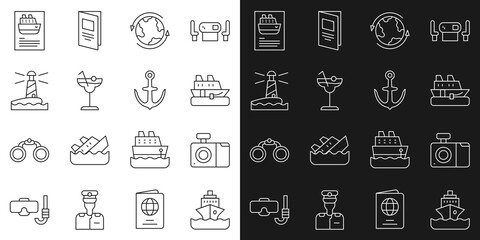 Set line Cruise ship, Photo camera, Worldwide, Cocktail, Lighthouse, and Anchor icon. Vector