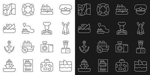 Set line Shark fin in ocean wave, Captain of ship, Towel on hanger, Cruise, Ship line path, Sinking cruise, Folded map and Cook icon. Vector