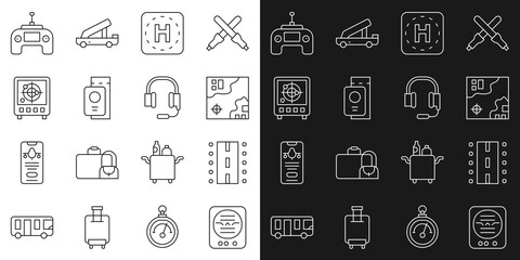 Set line Attitude indicator, Airport runway, World travel map, Helicopter landing pad, Passport with ticket, Radar targets on monitor, Drone remote control and Headphones microphone icon. Vector