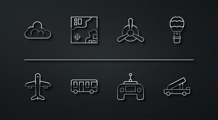 Set line Cloud weather, Plane, Hot air balloon, Drone remote control, Airport bus, World travel map, Passenger ladder and propeller icon. Vector