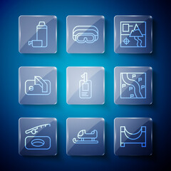 Set line Winter fishing, Sled, Skate park, Folded map, Identification badge, Ice hockey goal, Thermos container and Route location icon. Vector