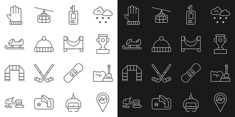 Set line Location with mountain, Shovel snowdrift, Award cup, Identification badge, Winter hat, Sled, Christmas mitten and Skate park icon. Vector