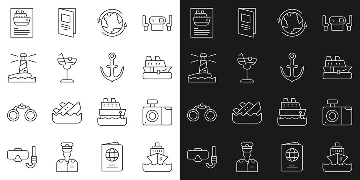 Set line Cruise ship, Photo camera, Worldwide, Cocktail, Lighthouse, and Anchor icon. Vector