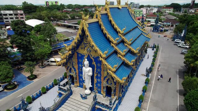 Aerial drone footage of the Buddha blue temple