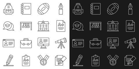 Set line Exam sheet and pencil, Telescope, with A plus grade, American Football ball, Pendulum, Graduation cap in speech bubble, School backpack and building icon. Vector