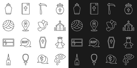 Set line Tear cry eye, Angel, Church building, Scythe, Coffin with cross, Memorial wreath, Funeral urn and Dove icon. Vector