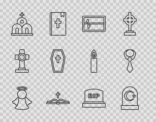 Set line Angel, Muslim cemetery, Beat dead in monitor, Holy bible book, Church building, Coffin with cross, Tombstone RIP written and Tie icon. Vector