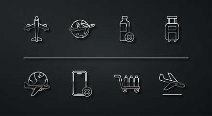 Set line Plane, Globe with flying plane, Suitcase, Trolley baggage, No cell phone, landing and water bottle icon. Vector