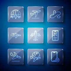 Set line Plane landing, Globe with flying plane, No cell phone, Escalator up, and Mobile ticket icon. Vector