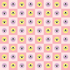 Seamless pattern in the style of eyes on pink chess grid background. Colorful clairvoyance elements. Contemporary modern trendy vector illustration. illustration vector 10 eps.