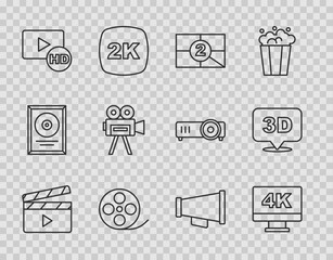 Set line Movie clapper, Screen tv with 4k, Old film movie countdown frame, Film reel, Hd movie, tape,, Retro cinema camera, Megaphone and 3D word icon. Vector