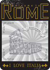 Naklejka premium Vintage Touristic Greeting Card. Typographical background welcome to Rome