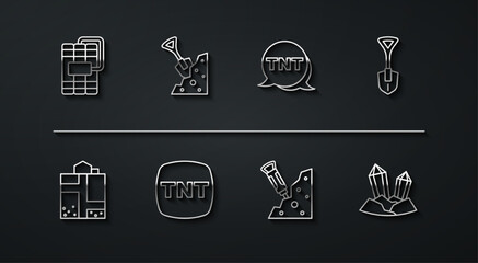 Set line Dynamite, Mine entrance, Shovel, Construction jackhammer, and stone, Gem and icon. Vector