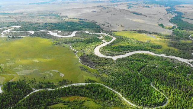 Aerial video over river Chuya in the Kurai steppe