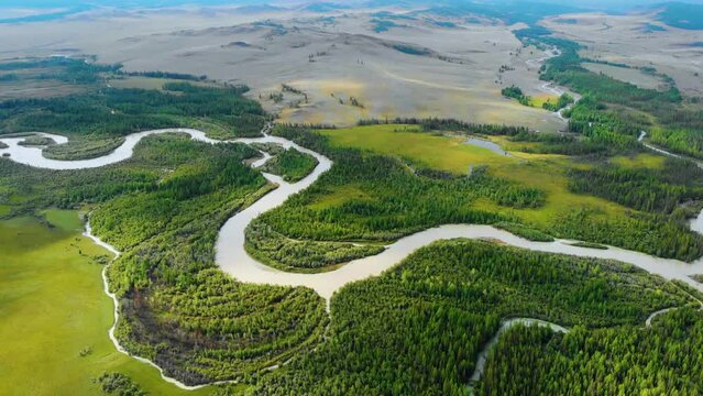 Aerial video over river Chuya in the Kurai steppe