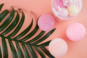 salt bombs for a spa, bath cosmetics, body care, top view