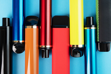 set of disposable electronic cigarettes, liquid vaporizers, close up, tobacco