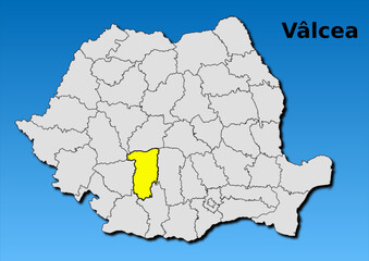 Map of Romania with map of Valcea county highlighted in yellow vector
