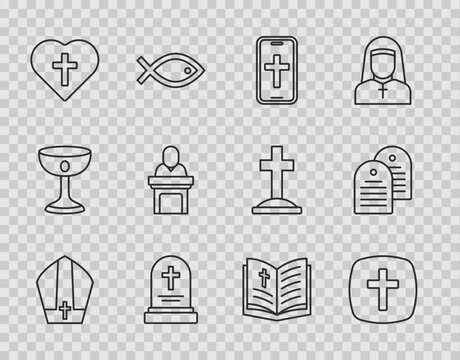 Set Line Pope Hat, Christian Cross, On Phone, Grave With Tombstone, In Heart, Church Pastor Preaching, Holy Bible Book And Icon. Vector