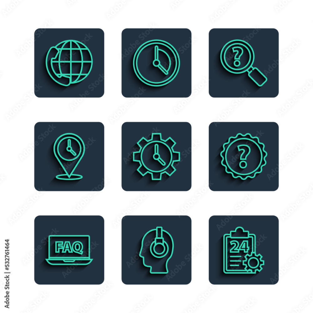 Poster Set line Laptop and FAQ, Support operator in touch, Checklist with 24 hours service, Unknown search, Time Management, Location clock, Telephone support and Question mark icon. Vector