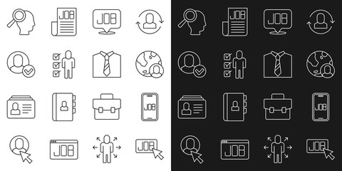 Fototapeta na wymiar Set line Search job, Globe and people, Resume, Worker, Magnifying glass for search and Tie icon. Vector