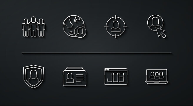 Set line Project team base, User protection, Worker, Search job, Resume, Globe and people, and Head hunting icon. Vector