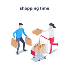 isometric vector illustration on a white background, a man with packages and a woman with a shopping trolley,  shopping time or buying on sale