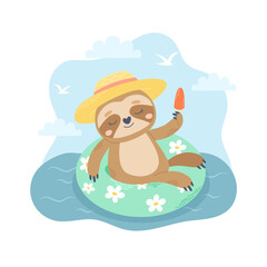 Fototapeta premium Sloth swimming on rubber ring in the sea. Summer character, vacation activity. Cute seasonal vector illustration in flat cartoon style