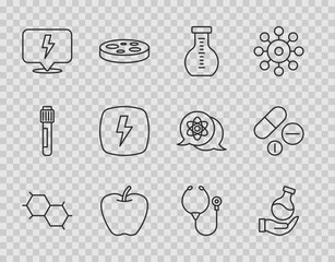 Set line Chemical formula, Test tube, Apple, Lightning bolt, Stethoscope and Medicine pill tablet icon. Vector