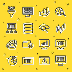 Set line Data analysis, Browser with stocks market, Pie chart infographic, Server, Binary code and Search cloud computing icon. Vector