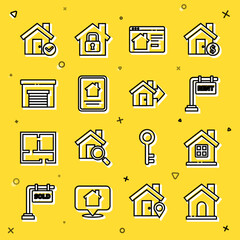 Set line House, Hanging sign with Rent, Online real estate house, Garage, check mark and Sale icon. Vector