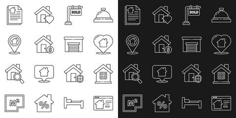 Set line Online real estate house, House, with heart shape, Hanging sign Sold, dollar symbol, Location, contract and Garage icon. Vector