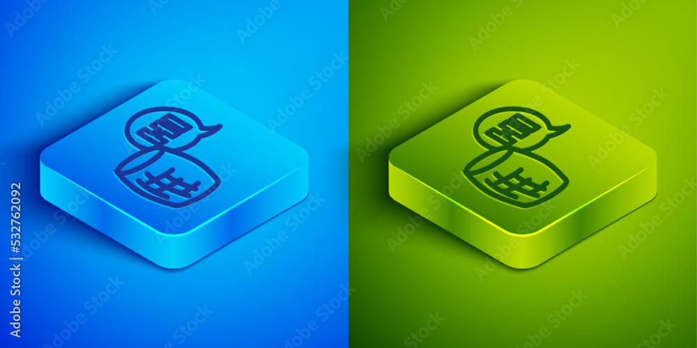 Poster isometric line voice assistant icon isolated on blue and green background. voice control user interf