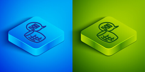Isometric line Voice assistant icon isolated on blue and green background. Voice control user interface smart speaker. Square button. Vector