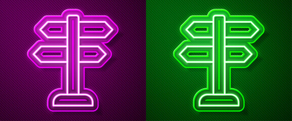 Glowing neon line Road traffic sign. Signpost icon isolated on purple and green background. Pointer symbol. Isolated street information sign. Direction sign. Vector