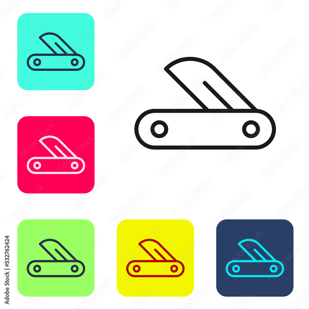 Poster Black line Swiss army knife icon isolated on white background. Multi-tool, multipurpose penknife. Multifunctional tool. Set icons in color square buttons. Vector