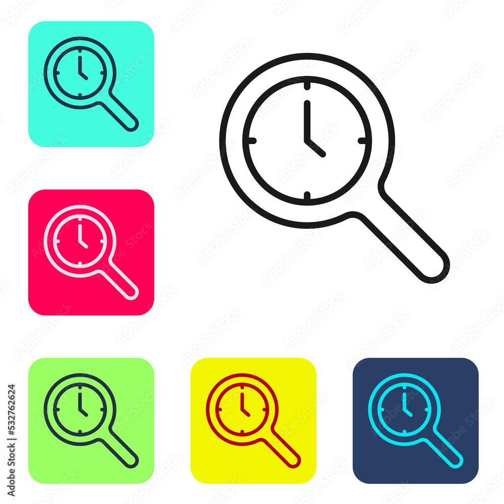 Poster black line magnifying glass with clock icon isolated on white background. clock search. set icons in